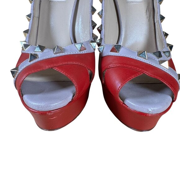 Valentino Garavani Rockstud Red Platform Peep Toe Heels Pumps Size 39 - Picture 2 of 11
